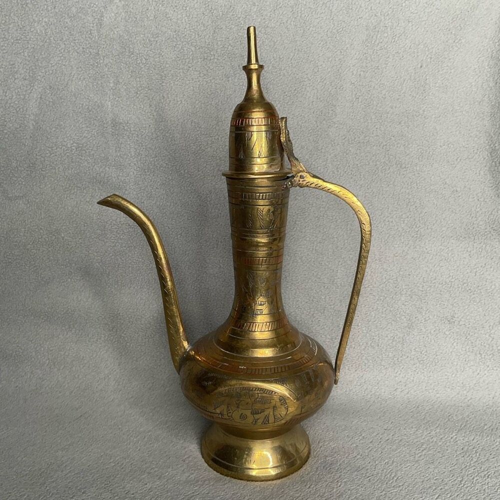 Solid Brass Mini India Tea Pot Pitcher Genie Lamp Etched Vtg Handle Hinged Lid